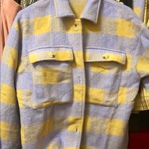 Tan and baby blue plaid oversized flannel jacket